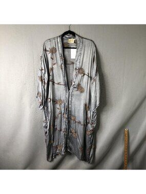 Paper Lace Kimono Jacket Womens One Size Gray Embroidered Floral Boho Long
